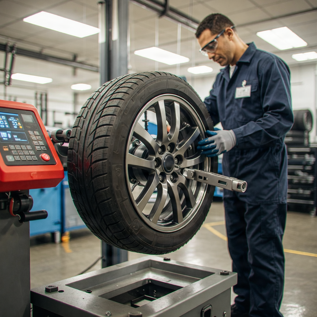Roda de carro em máquina de balanceamento.